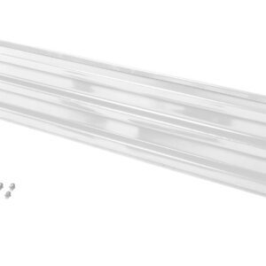A diagonal, slotted metallic channel with a reflective surface and small mounting holes, accompanied by six screws in two rows, resembles the Vestil Bolt-On Style Guard Rail 10 Ft White against a plain white background.
