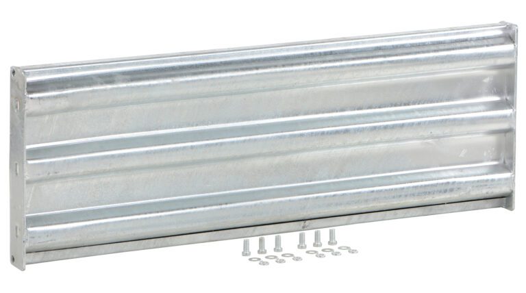 The Vestil Bolt-On Style Guard Rail 4 Ft Galvanized panel is positioned horizontally with a durable finish, accompanied by six neatly arranged bolts, each with a matching washer and nut.