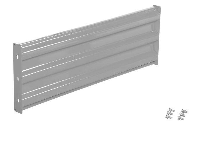 A metal shelf bracket with horizontal grooves is shown beside screws on a plain white background, evoking the durable design of the Vestil Bolt-On Style Guard Rail 4 Ft Silver, which offers both style and reliability.