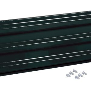 A dark green ridged metal panel, akin to a construction component, lies next to screws; its glossy finish and sturdy build echo the Vestil Bolt-On Style Guard Rail 5 Ft Black design.