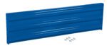 The Vestil Bolt-On Style Guard Rail 5 Ft Blue showcases a rectangular, ribbed blue metal wall panel set against a white background, with six small screws neatly arranged below.