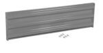 The Vestil Bolt-On Style Guard Rail 5 Ft Gray Semi Gloss features gray metal panels with horizontal ridges and a set of screws beneath. Its semi-gloss finish is striking against a plain white background, providing durability and aesthetic appeal.