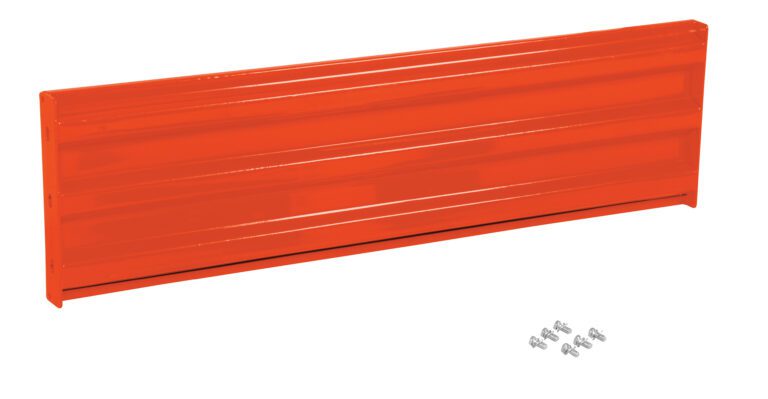 GR-F3R-BO-5-OR_A.jpg An orange drawer front panel reminiscent of the Vestil Bolt-On Style Guard Rail 5 Ft Orange is displayed with screws neatly arranged below on a white background.