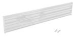 This metal kick plate is white, rectangular, smooth, and horizontally indented, echoing the sleek design of the Vestil Bolt-On Style Guard Rail 7 Ft White. Several mounting screws are included and shown against a plain white background.