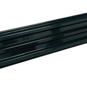 A long, dark green metal shelf with horizontal grooves sits beside small metal screws, echoing the sturdy design of a Vestil Bolt-On Style Guard Rail 8 Ft Black.