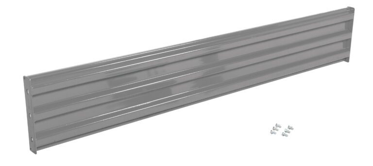 An 8-ft long metallic panel with horizontal ridges, similar to the Vestil Bolt-On Style Guard Rail 8 Ft Gray Semi Gloss, has six screws on its right, appears steel-made, and sports a sleek gray semi-gloss finish.