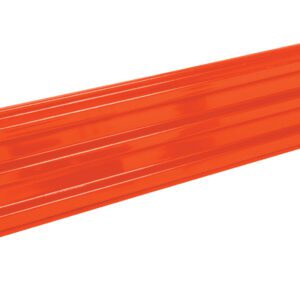 An orange, rectangular metal shelf with a ribbed design resembling the Vestil Bolt-On Style Guard Rail 8 Ft Orange is displayed. Six screws are arranged in two groups of three below it, highlighting its vibrant color and ensuring easy mounting.
