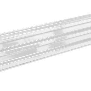 A sleek, metallic wall panel in glossy white with horizontal grooves resembles a Vestil Bolt-On Style Guard Rail 8 Ft. Six small screws are in front, set against a white background.