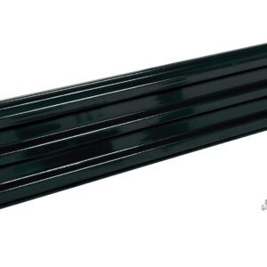 A long, rectangular metal panel with a dark green finish and parallel grooves lies beside six small screws on the right of the 9 Ft black Vestil Bolt-On Style Guard Rail, looking ideal for construction or installation.