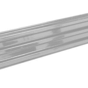 The sleek, shiny Vestil Bolt-On Style Guard Rail 9 Ft Silver features horizontal grooves and multiple small screws, providing a reflective and protective finish in a long, rectangular design.