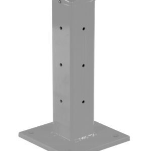 The Vestil Rigid Tube Post 18 In Bolt-On Style Silver Lining is an 18-inch bollard with multiple holes and a square base for secure mounting. It features a smooth silver finish and rounded top, with four bolt holes at each corner, combining utility with elegance.