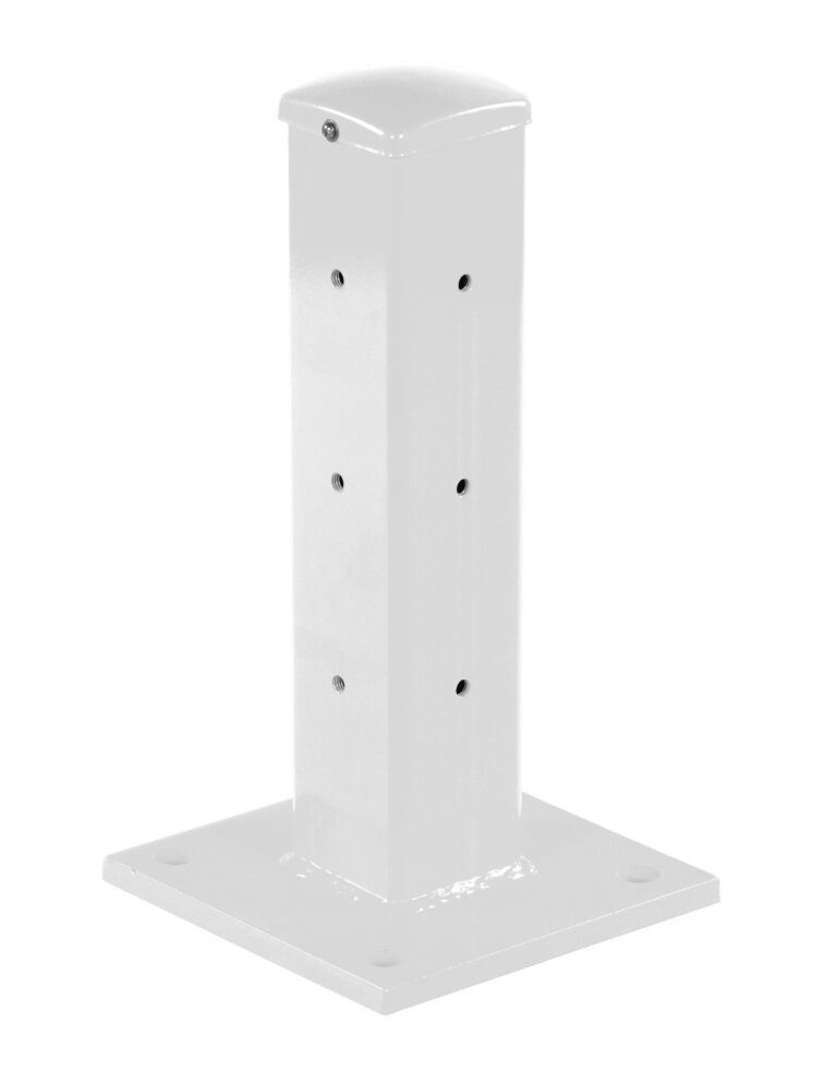 The Vestil Rigid Tube Post 18 In Bolt-On Style White features a sturdy square base with multiple mounting holes and four corner holes for secure floor attachment of equipment.