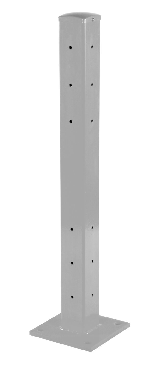 The Vestil Rigid Tube Post 42 In Bolt-On Style Silver Lining is a 42-inch metal post with a grey square design and multiple side holes, standing on a rectangular base with four corner mounting or anchoring holes. It features a slightly rounded top for stability.
