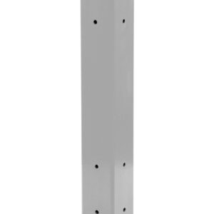 The Vestil Rigid Tube Post 42 In Bolt-On Style Silver Lining is a 42-inch metal post with a grey square design and multiple side holes, standing on a rectangular base with four corner mounting or anchoring holes. It features a slightly rounded top for stability.