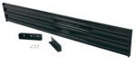 A black metal garage door reinforcement brace, similar to a 10 ft Vestil Drop-In Style Guard Rail, is laid out horizontally. It includes installation brackets and screws, while its ribbed texture enhances strength and durability.