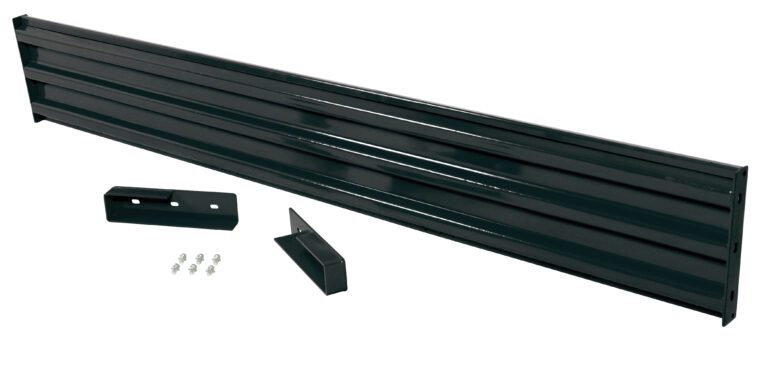 A black metal garage door reinforcement brace, similar to a 10 ft Vestil Drop-In Style Guard Rail, is laid out horizontally. It includes installation brackets and screws, while its ribbed texture enhances strength and durability.