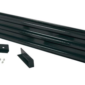 A black metal garage door reinforcement brace, similar to a 10 ft Vestil Drop-In Style Guard Rail, is laid out horizontally. It includes installation brackets and screws, while its ribbed texture enhances strength and durability.