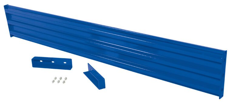 The Vestil Drop-In Style Guard Rail 10 Ft Blue includes a strong blue metal beam and two extra brackets, with a set of screws, all elegantly presented on a clean white background.