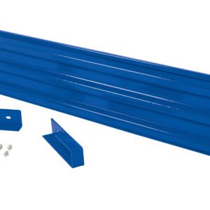 The Vestil Drop-In Style Guard Rail 10 Ft Blue includes a strong blue metal beam and two extra brackets, with a set of screws, all elegantly presented on a clean white background.