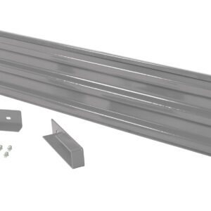 A long, rectangular gray metal support bracket like the Vestil Drop-In Style Guard Rail 10 Ft Gray Semi Gloss is shown next to smaller brackets and four screws on a white background.