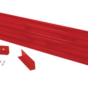 A sturdy Vestil Drop-In Style Guard Rail 10 Ft Red serves as a red metal wall mount tool organizer with horizontal grooves, complete with brackets and screws to securely hold tools on your wall.