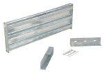 The disassembled metal shelving components, made for durability, include a corrugated long horizontal piece compatible with the Vestil Drop-In Style Guard Rail 4 Ft Galvanized system. It features two bracket pieces with pre-drilled holes and small screws, all crafted from sturdy galvanized metal.