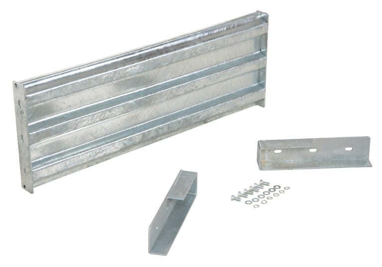 The disassembled metal shelving components, made for durability, include a corrugated long horizontal piece compatible with the Vestil Drop-In Style Guard Rail 4 Ft Galvanized system. It features two bracket pieces with pre-drilled holes and small screws, all crafted from sturdy galvanized metal.