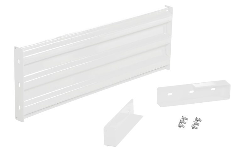 A white metal wall bracket with multiple grooves, resembling the Vestil Drop-In Style Guard Rail 4 Ft White, is on display. It comes with two smaller angle brackets and screws as a complete assembly kit for secure wall mounting.
