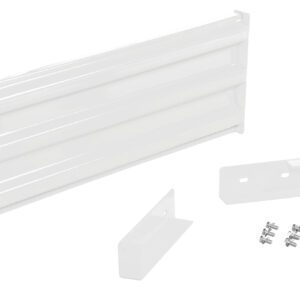 A white metal wall bracket with multiple grooves, resembling the Vestil Drop-In Style Guard Rail 4 Ft White, is on display. It comes with two smaller angle brackets and screws as a complete assembly kit for secure wall mounting.