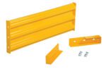 The Vestil Drop-In Style Guard Rail 4 Ft Yellow includes a sturdy metal rail with two mounting brackets and six bolts, shown on a white background.