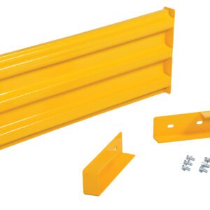 The Vestil Drop-In Style Guard Rail 4 Ft Yellow includes a sturdy metal rail with two mounting brackets and six bolts, shown on a white background.