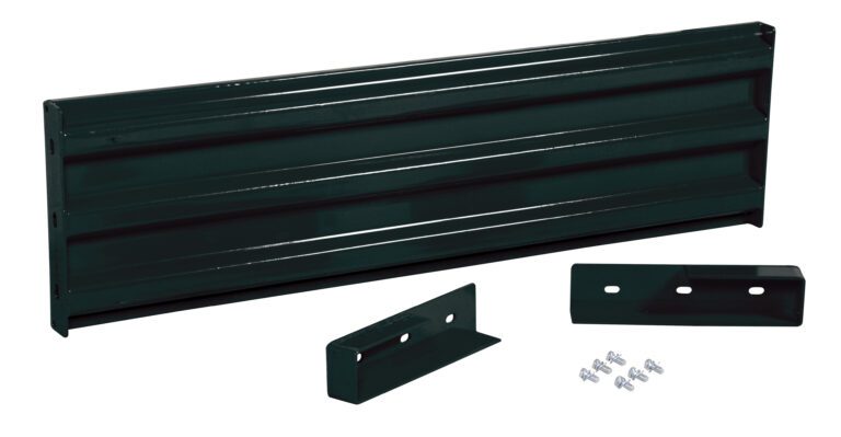 This set, similar to the Vestil Drop-In Style Guard Rail 5 Ft Black, includes a glossy green metal design with a long panel featuring horizontal grooves, two brackets with pre-drilled holes, and screws for easy assembly.