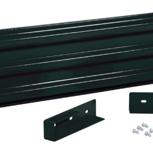 This set, similar to the Vestil Drop-In Style Guard Rail 5 Ft Black, includes a glossy green metal design with a long panel featuring horizontal grooves, two brackets with pre-drilled holes, and screws for easy assembly.
