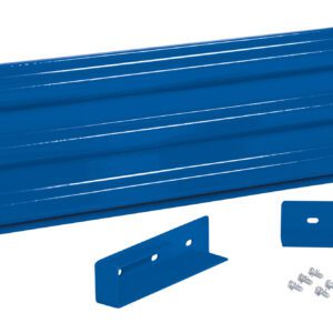 A pristine blue metal shelf panel and two smaller brackets with pre-drilled holes, resembling a Vestil Drop-In Style Guard Rail 5 Ft Blue, are displayed alongside neatly arranged silver screws, ready for assembly.