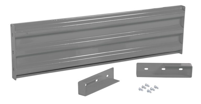 GR-F3R-DI-5-GYSG_A.jpg Gray metal bracket with a ribbed surface and accompanying screws on a white background resemble the practicality of the Vestil Drop-In Style Guard Rail 5 Ft Gray Semi Gloss for secure, stylish support.