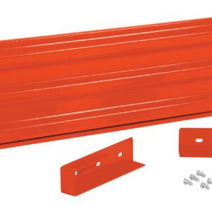The Vestil Drop-In Style Guard Rail 5 Ft Orange includes an orange metal beam and mounting brackets, complete with screws, set against a white background. The rectangular beam features brackets with holes for convenient installation.