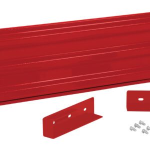 The Vestil Drop-In Style Guard Rail 5 Ft Red is a robust red metal shelf that includes a longer main piece with two smaller brackets. It features a smooth surface with attractive horizontal indents and comes complete with screws for easy assembly.
