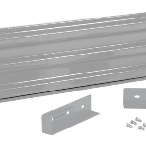A glossy gray metal panel, in the sleek style of the Vestil Drop-In Style Guard Rail 5 Ft Silver, is accompanied by two matching L-shaped brackets and eight screws, elegantly arranged on a pristine white background.