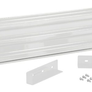 A white rectangular panel with horizontal grooves, mirroring the Vestil Guard Rail 5 Ft White, comes with two smaller holed attachments and a screw set, all neatly placed on a white background.
