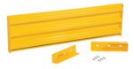 The Vestil Drop-In Style Guard Rail 5 Ft Yellow includes a robust yellow metal barrier with a lengthy corrugated panel, two shorter brackets, and bolts, all presented on a white background.