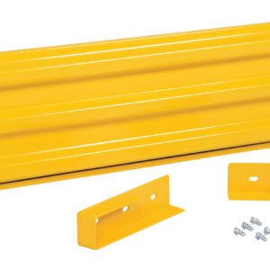 The Vestil Drop-In Style Guard Rail 5 Ft Yellow includes a robust yellow metal barrier with a lengthy corrugated panel, two shorter brackets, and bolts, all presented on a white background.