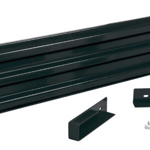 A black metal bracket featuring three horizontal grooves, similar to the Vestil Drop-In Style Guard Rail 6 Ft Black, comes with two smaller metal pieces and screws, all showcased on a pristine white background.