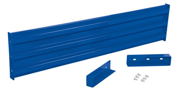 A set of blue metal brackets and panels, similar to the Vestil Drop-In Style Guard Rail 6 Ft Blue, features a ribbed rectangular panel, two smaller brackets, and screws, all arranged elegantly on a white background.