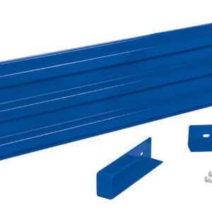 A set of blue metal brackets and panels, similar to the Vestil Drop-In Style Guard Rail 6 Ft Blue, features a ribbed rectangular panel, two smaller brackets, and screws, all arranged elegantly on a white background.