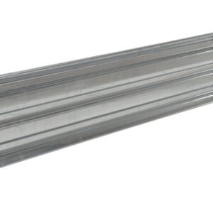 A metallic beam with a ribbed surface and vertical edges for mounting resembles the Vestil Drop-In Style Guard Rail 6 Ft Galvanized. Its silver-gray hue suggests its made of galvanized steel or aluminum.