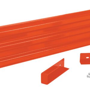 The Vestil Drop-In Style Guard Rail 6 Ft Orange includes an orange metal beam, a smaller bracket, and a corner piece with screws, making it ideal for construction or assembly use.