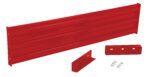 The red Vestil Drop-In Style Guard Rail 6 Ft complements a red metal tool chest drawer front panel, including handle, bracket, and screws, all set against a clean white background.