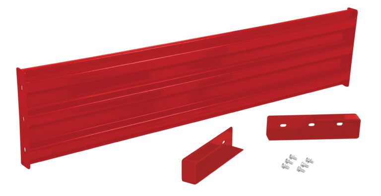 The red Vestil Drop-In Style Guard Rail 6 Ft complements a red metal tool chest drawer front panel, including handle, bracket, and screws, all set against a clean white background.