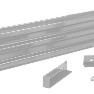 The Vestil Drop-In Style Guard Rail 6 Ft Silver includes two rectangular brackets and eight screws, neatly positioned on a white background.