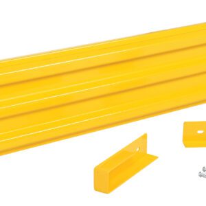 The Vestil Drop-In Style Guard Rail 6 Ft Yellow kit features a long main piece, two brackets, and several bolts for easy assembly. Ideal for safety barriers, it is visually set against a plain white background.